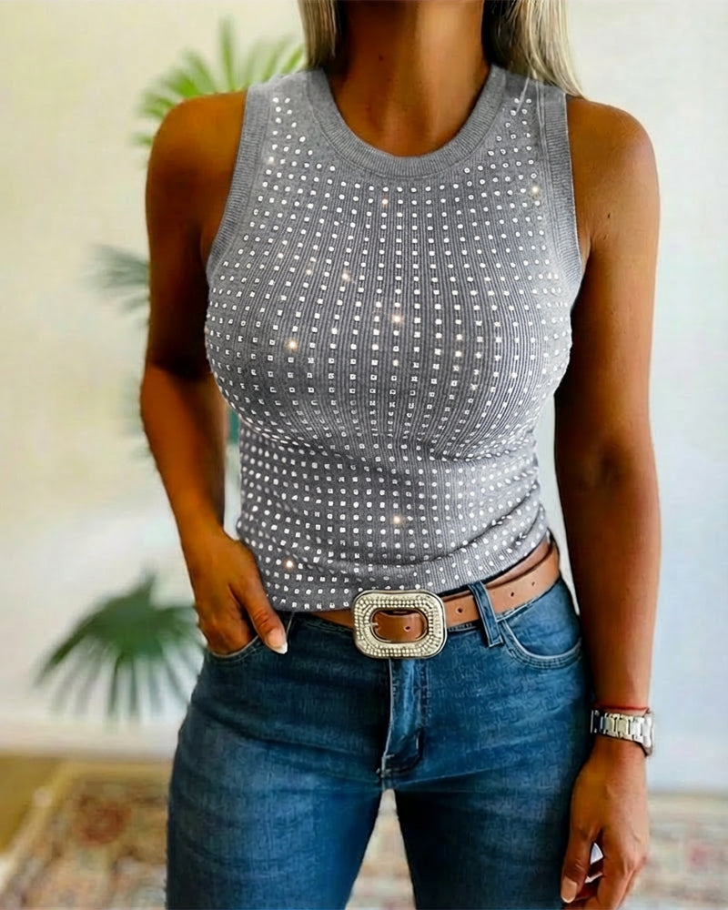 Rhinestone Decor O-neck Sleeveless Tee Slim Fit Ribbed Tank Top