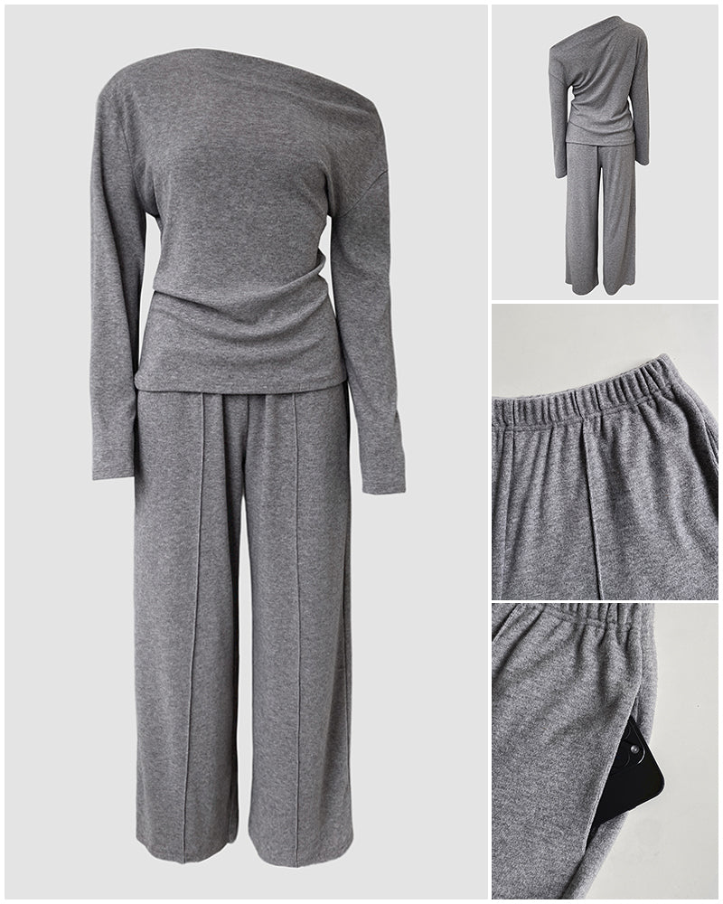 Conjunto de punto de 2 piezas para mujer de CHICME: top de manga larga y corte entallado con cuello asimétrico y pantalones de pierna ancha de cintura alta, conjunto informal suave de canalé