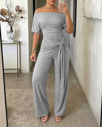 Women's Skew Neck 2 Piece Outfits Ruched Tie Waist Short Sleeve Top and High Waisted Wide Leg Pants Lounge Set