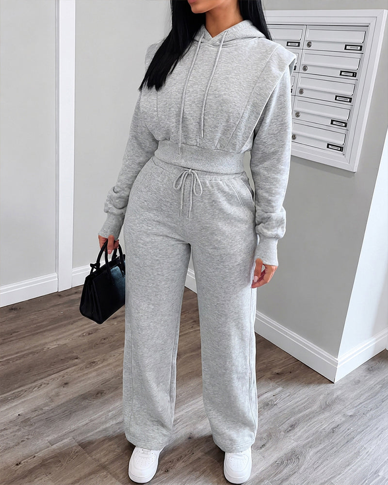 2 Pieces Outfit Long Sleeve Crop Drawstring Hoodie Sweatshirt with Thumb Hole Cuffs and Casual Drawstring Elastic Waist Wide Leg Sweatpants Set