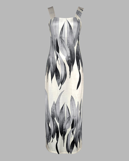 Plants Print Square Neck Thick Strap Maxi Dress Casual Slim Fit Side Slit Vacation Dress with Pockets