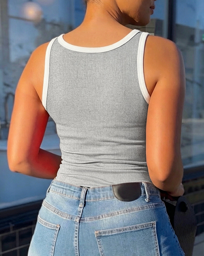 Women's Contrast Binding Camisole Rib-Knit Slim Fit Tank Top Sexy Cami with Metal Buckle Straps