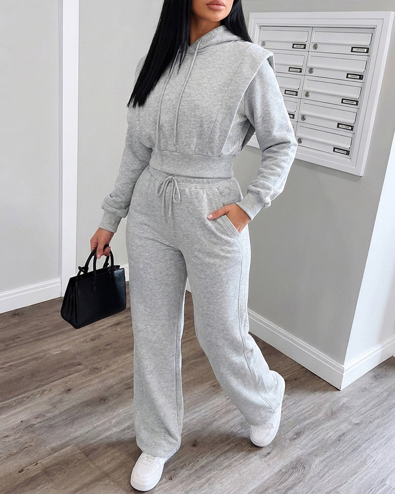 2 Pieces Outfit Long Sleeve Crop Drawstring Hoodie Sweatshirt with Thumb Hole Cuffs and Casual Drawstring Elastic Waist Wide Leg Sweatpants Set