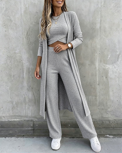 Women's 3 Piece Knit Set Long Cardigan Criss Cross Crop Tank Top and Wide Leg Pants Casual Ribbed Brushed Lounge Set