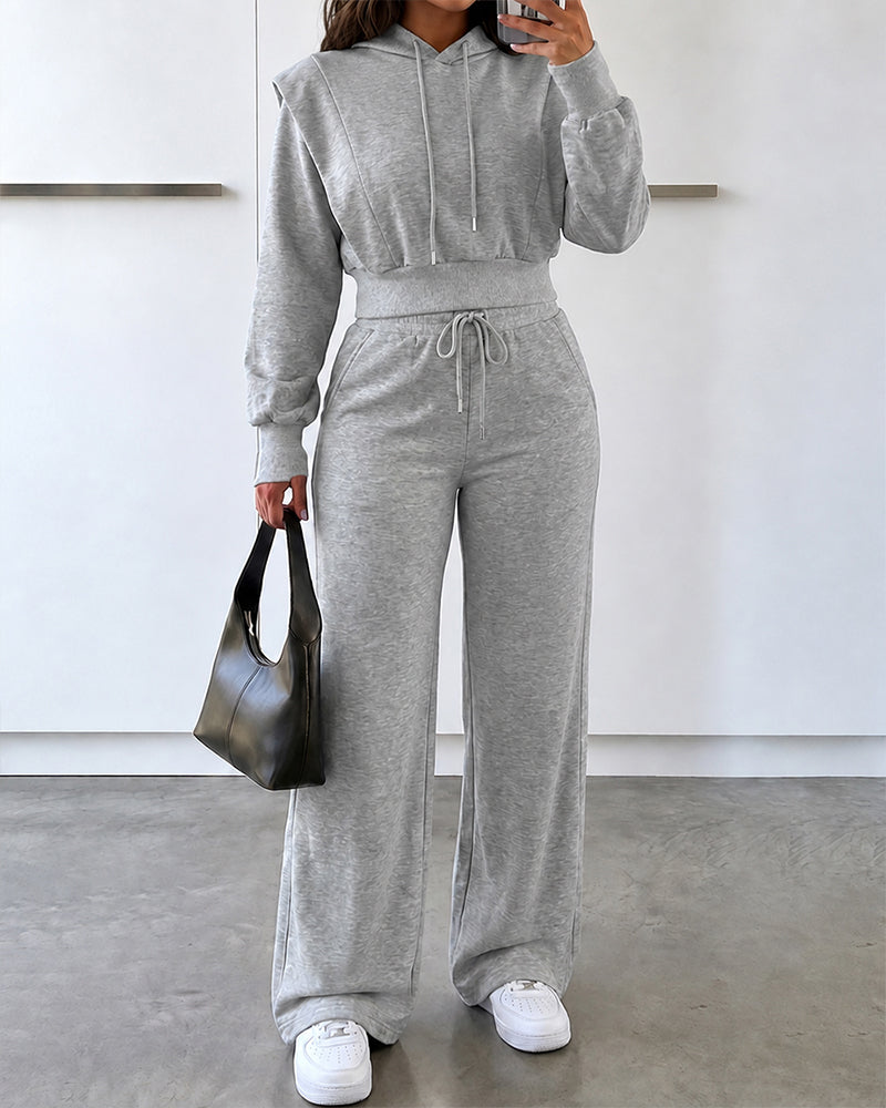 2 Pieces Outfit Long Sleeve Crop Drawstring Hoodie Sweatshirt with Thumb Hole Cuffs and Casual Drawstring Elastic Waist Wide Leg Sweatpants Set
