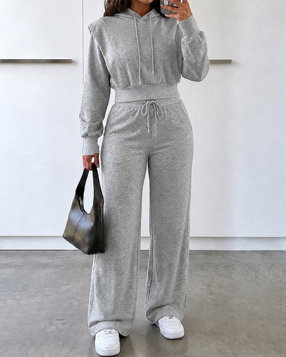2 Pieces Outfit Long Sleeve Crop Drawstring Hoodie Sweatshirt with Thumb Hole Cuffs and Casual Drawstring Elastic Waist Wide Leg Sweatpants Set