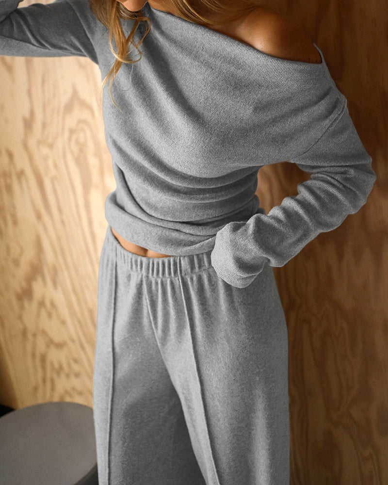 Conjunto de punto de 2 piezas para mujer de CHICME: top de manga larga y corte entallado con cuello asimétrico y pantalones de pierna ancha de cintura alta, conjunto informal suave de canalé