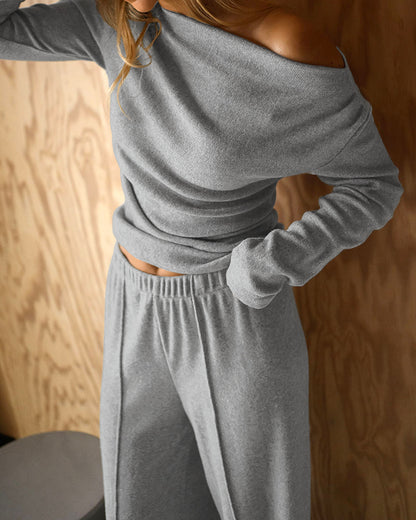 Conjunto de punto de 2 piezas para mujer de CHICME: top de manga larga y corte entallado con cuello asimétrico y pantalones de pierna ancha de cintura alta, conjunto informal suave de canalé