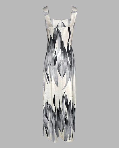 Plants Print Square Neck Thick Strap Maxi Dress Casual Slim Fit Side Slit Vacation Dress with Pockets