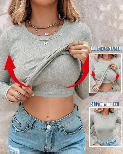 Women's Crewneck Long Sleeve Ribbed Knit Top Slim Fit Base Layer Shirt Soft Stretchy Casual Tee with Built-in Bra