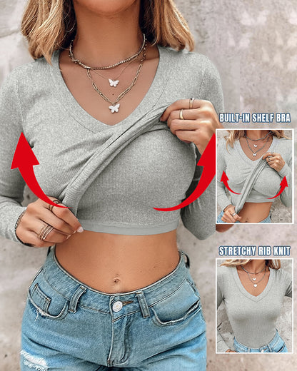 Women's V Neck Long Sleeve Ribbed Knit Top Slim Fit Base Layer Shirt Soft Stretchy Casual Tee with Built-in Bra