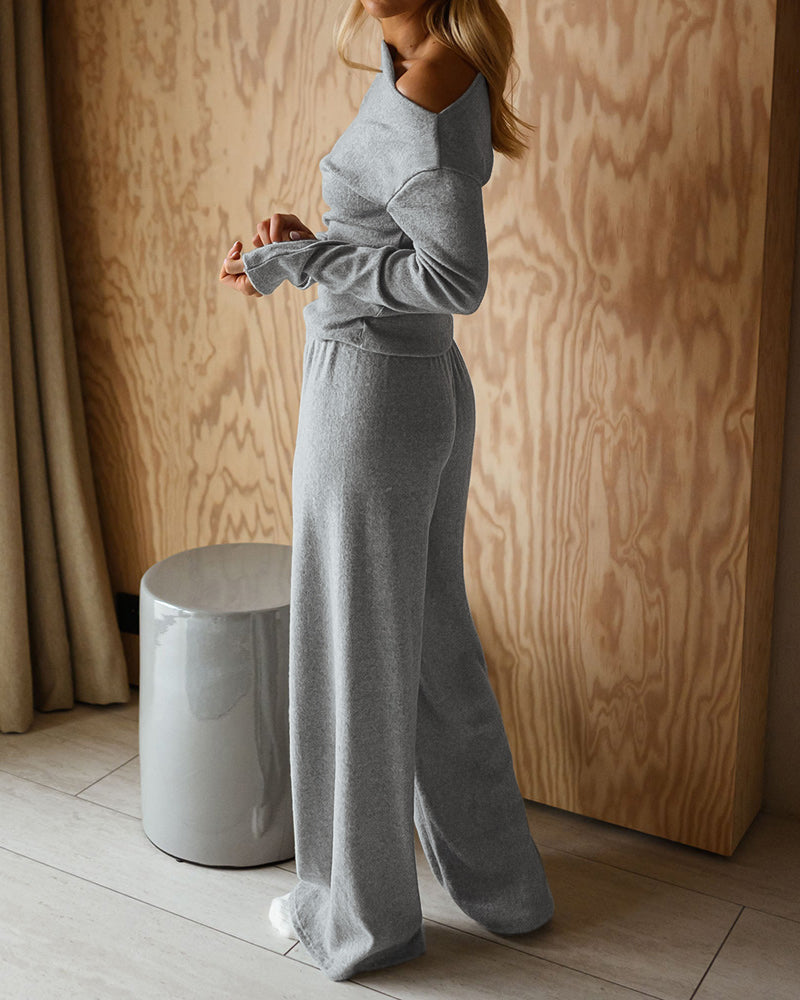 Conjunto de punto de 2 piezas para mujer de CHICME: top de manga larga y corte entallado con cuello asimétrico y pantalones de pierna ancha de cintura alta, conjunto informal suave de canalé