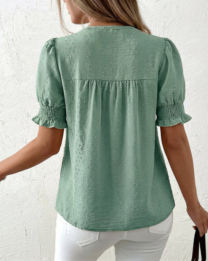 Puff Sleeve Hollow-out Lace Spliced 3D Jacquard Blouse Casual Shirred Cuffs Loose Fit Top