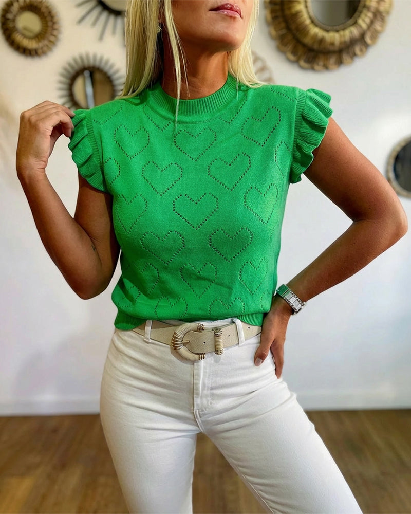 Allover Hollow-out Heart Pattern Round Neck Ruffles Short Sleeve Knit Top