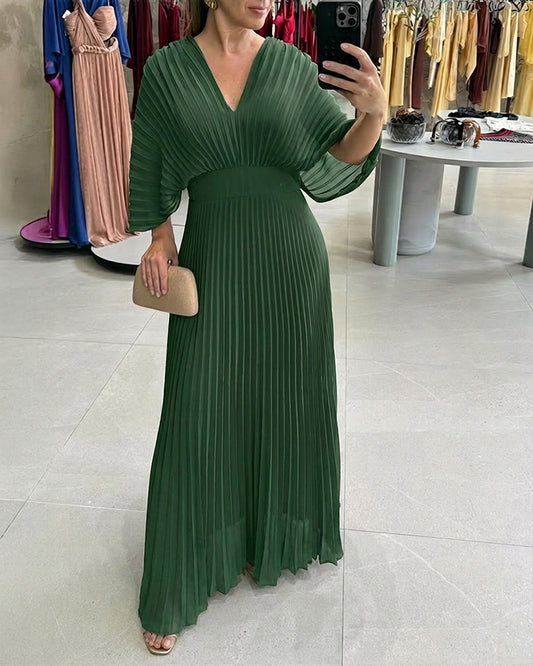 Deep V-Neck Batwing Sleeve High Waist Pleated Maxi Dress Casual Cinched Waist Backless Tied Detail Zipper Back Evening Dress