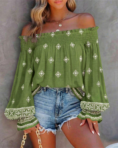Vintage Tribal Placement Print Shirred Off Shoulder Flared Cuffs Blouse Casual Frill Trim Boho Top