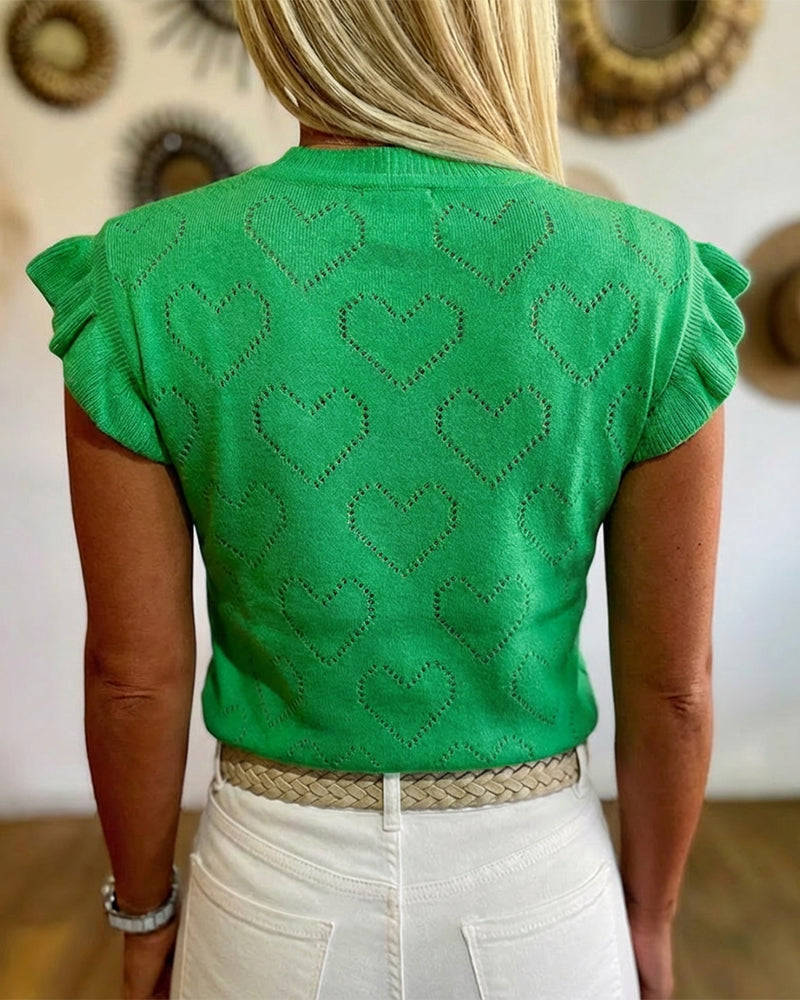 Allover Hollow-out Heart Pattern Round Neck Ruffles Short Sleeve Knit Top