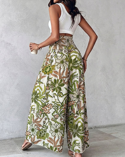 Vintage Floral Print High Waist Shirred Elastic Waist Wide Leg Pants
