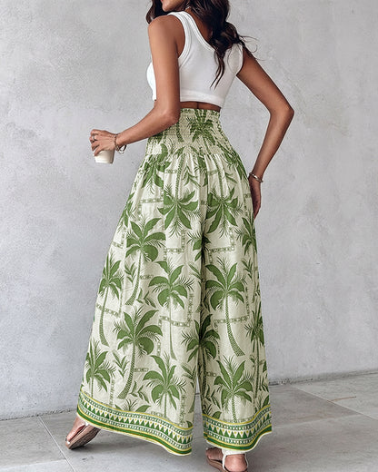 Vintage Plants Print High Waist Shirred Elastic Waist Wide Leg Pants