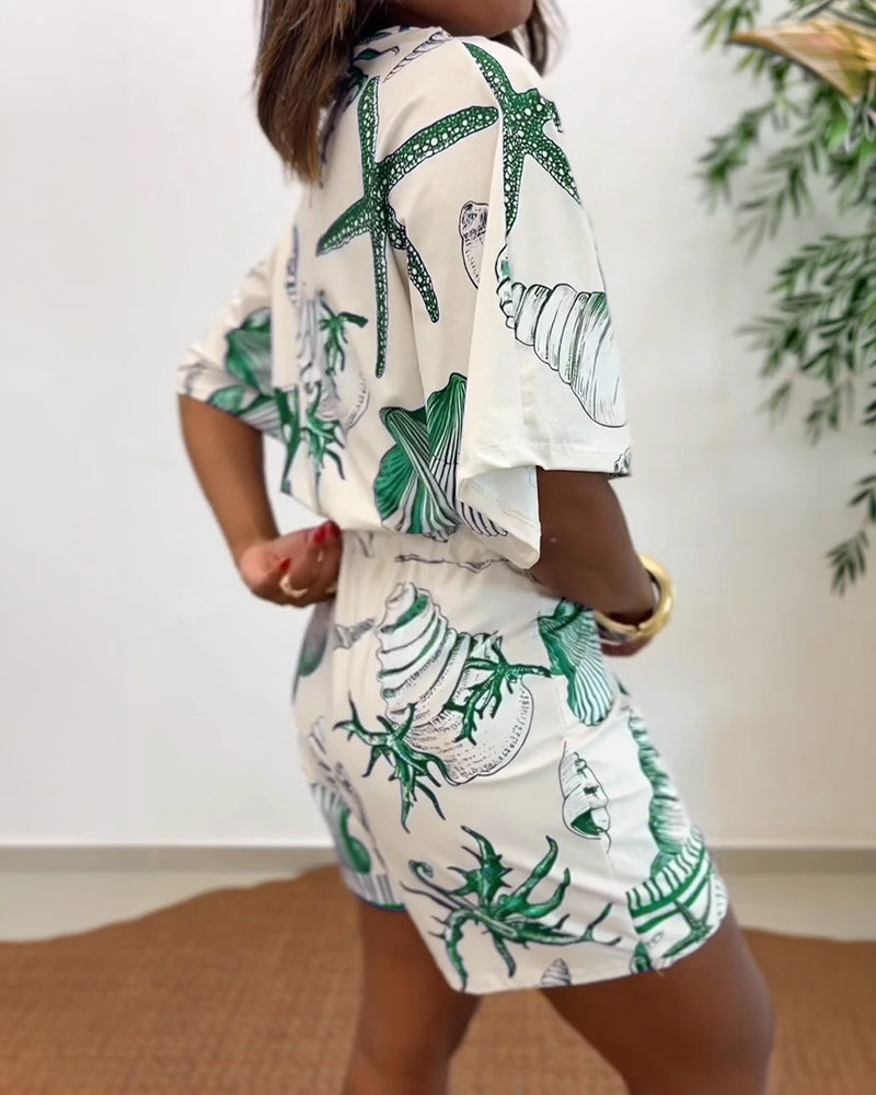 Starfish & Seashell Print Overlap V Neck Half Sleeve Wrap Knot Side Romper Casual Stretchy Back Waist Vacation Romper