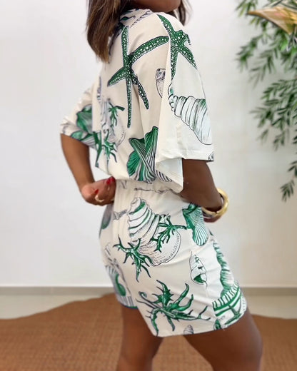 Starfish & Seashell Print Overlap V Neck Half Sleeve Wrap Knot Side Romper Casual Stretchy Back Waist Vacation Romper