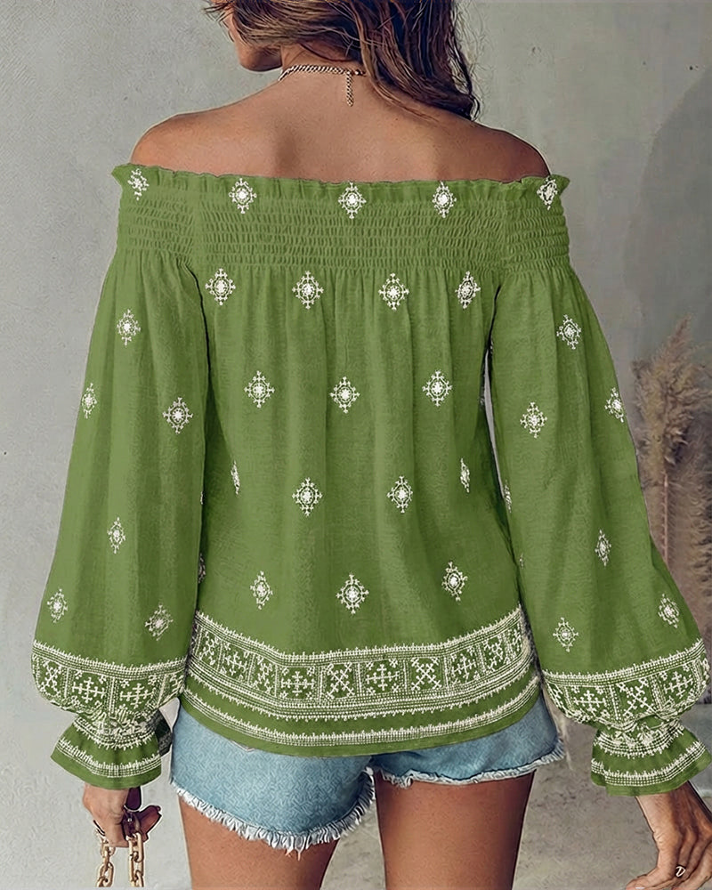 Vintage Tribal Placement Print Shirred Off Shoulder Flared Cuffs Blouse Casual Frill Trim Boho Top