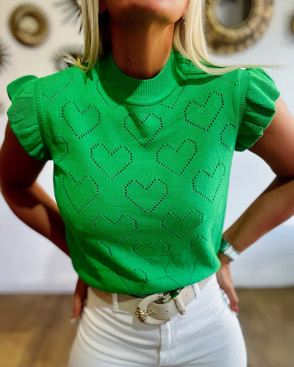 Allover Hollow-out Heart Pattern Round Neck Ruffles Short Sleeve Knit Top