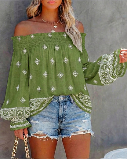 Vintage Tribal Placement Print Shirred Off Shoulder Flared Cuffs Blouse Casual Frill Trim Boho Top