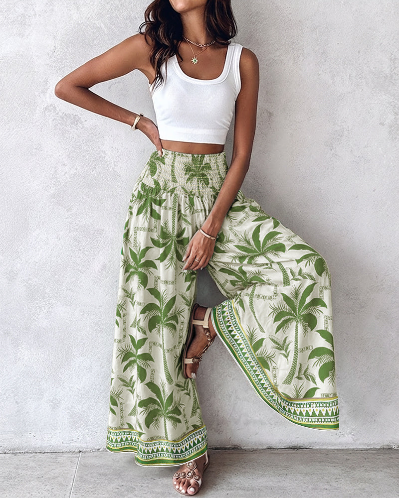 Vintage Plants Print High Waist Shirred Elastic Waist Wide Leg Pants
