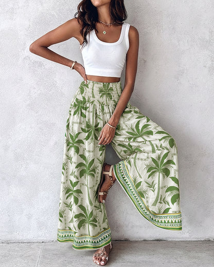 Vintage Plants Print High Waist Shirred Elastic Waist Wide Leg Pants