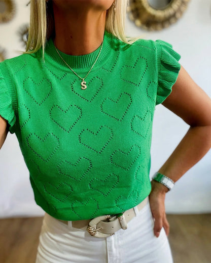 Allover Hollow-out Heart Pattern Round Neck Ruffles Short Sleeve Knit Top