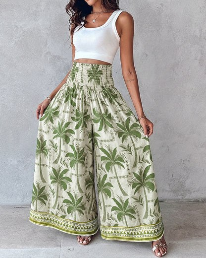 Vintage Plants Print High Waist Shirred Elastic Waist Wide Leg Pants