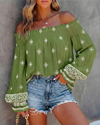Vintage Tribal Placement Print Shirred Off Shoulder Flared Cuffs Blouse Casual Frill Trim Boho Top