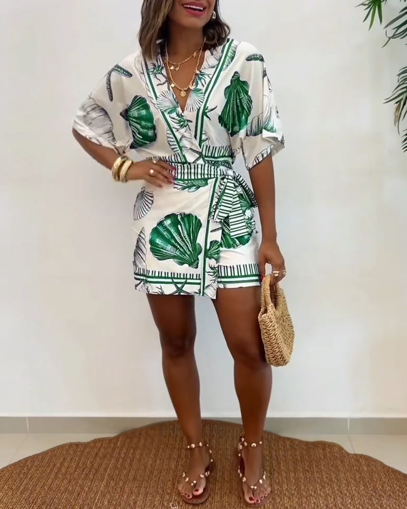 Starfish & Seashell Print Overlap V Neck Half Sleeve Wrap Knot Side Romper Casual Stretchy Back Waist Vacation Romper