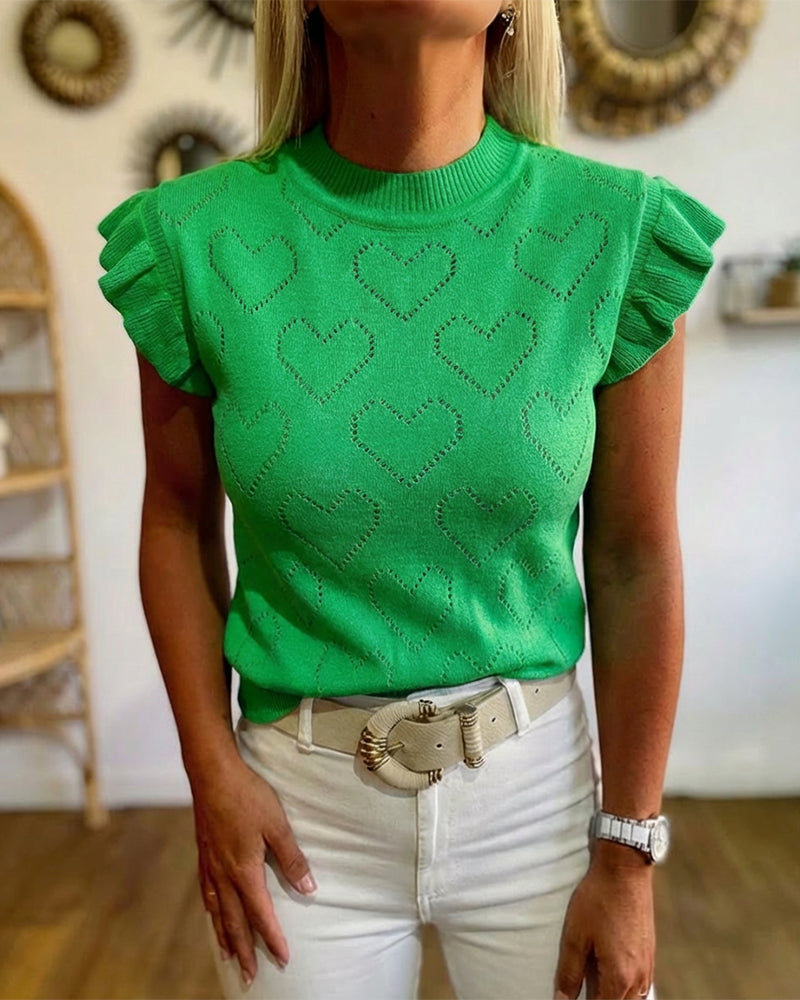 Allover Hollow-out Heart Pattern Round Neck Ruffles Short Sleeve Knit Top