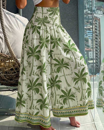 Vintage Plants Print High Waist Shirred Elastic Waist Wide Leg Pants