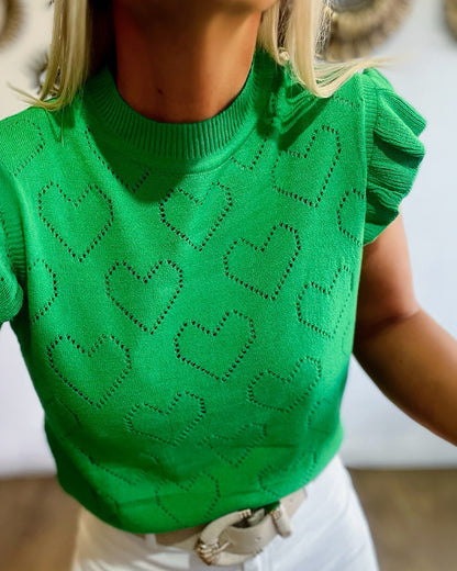 Allover Hollow-out Heart Pattern Round Neck Ruffles Short Sleeve Knit Top