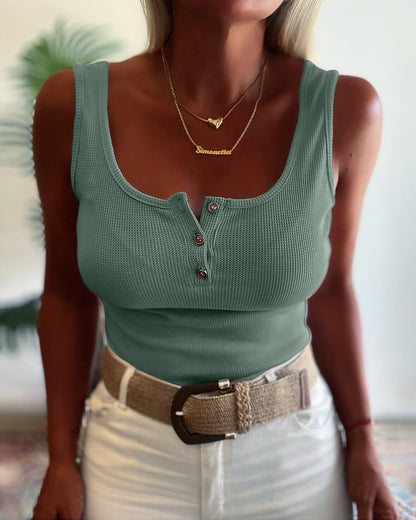 U-Neck Sleeveless Half Button Front Tank Slim Fit Backless Knit Waffle Tank Top