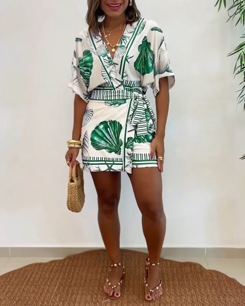 Starfish & Seashell Print Overlap V Neck Half Sleeve Wrap Knot Side Romper Casual Stretchy Back Waist Vacation Romper