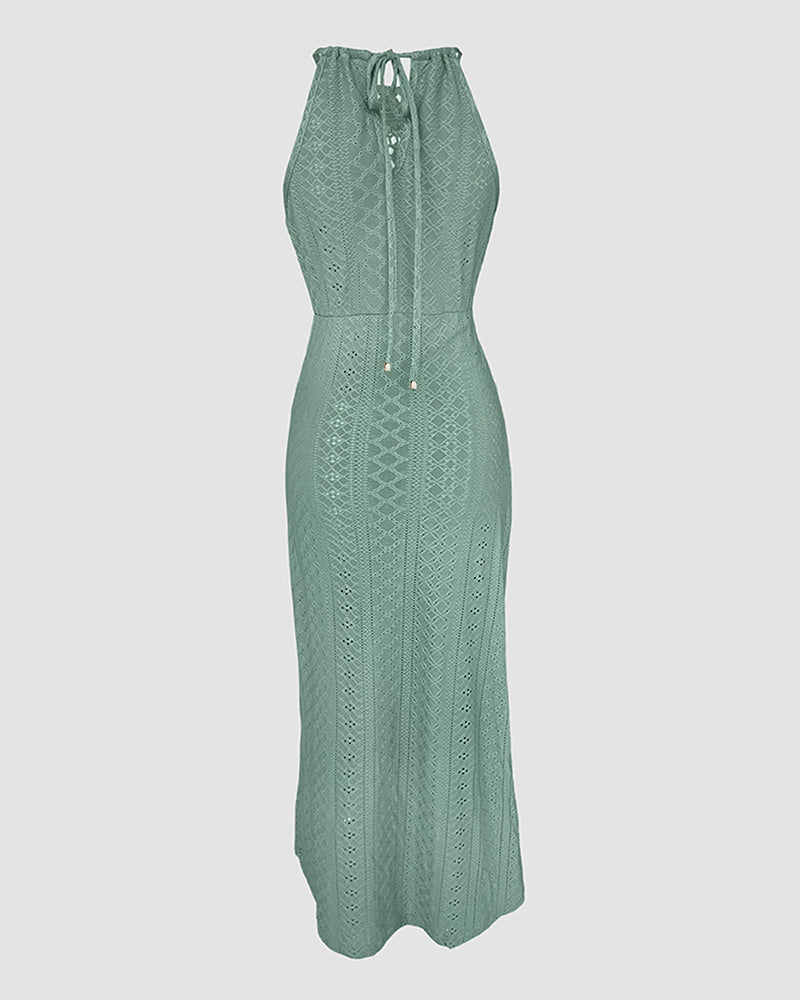 Halter Tie Criss Cross Front Ruched Knit Jacquard Textured Slit Dress Casual Hollow-out Draped Vacation Dress