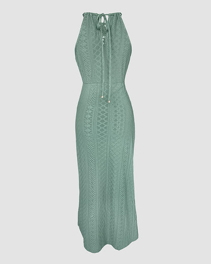 Halter Tie Criss Cross Front Ruched Knit Jacquard Textured Slit Dress Casual Hollow-out Draped Vacation Dress