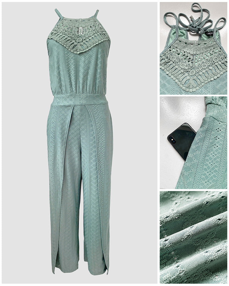 2 Pieces Outfit Halter Tie Guipure Lace Spliced Front Hollow-out Back Top and Elastic Back Waist Wrapped Slit Pants Set Casual Jacquard Textured Vacation Set