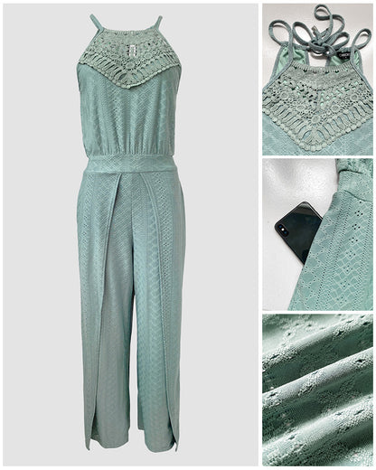 2 Pieces Outfit Halter Tie Guipure Lace Spliced Front Hollow-out Back Top and Elastic Back Waist Wrapped Slit Pants Set Casual Jacquard Textured Vacation Set