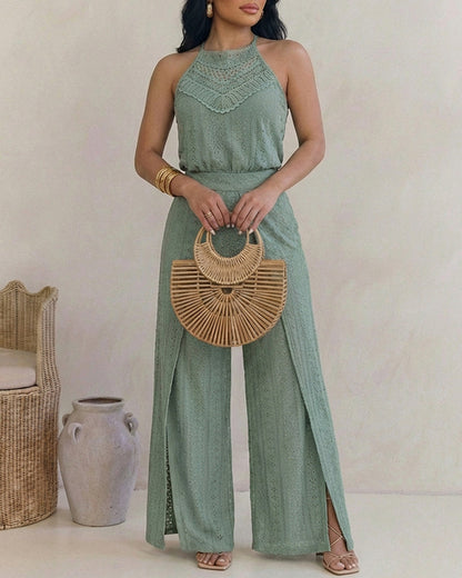 2 Pieces Outfit Halter Tie Guipure Lace Spliced Front Hollow-out Back Top and Elastic Back Waist Wrapped Slit Pants Set Casual Jacquard Textured Vacation Set
