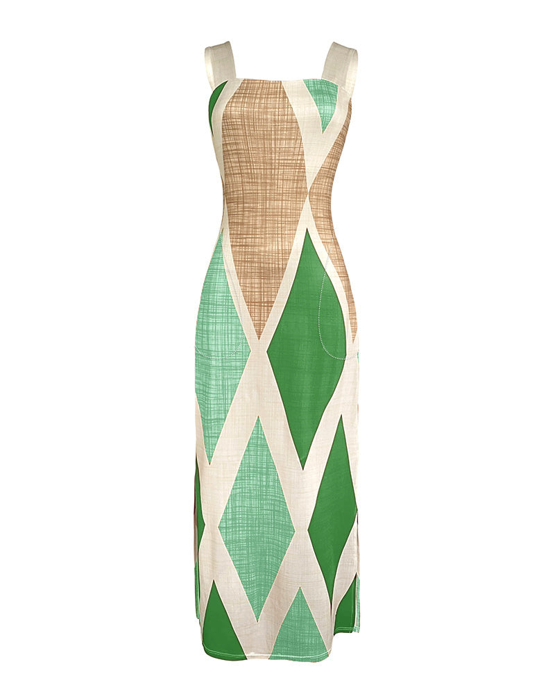 Geometric Print Square Neck Thick Strap Vacation Dress Casual Slim Fit Slit Maxi Dress
