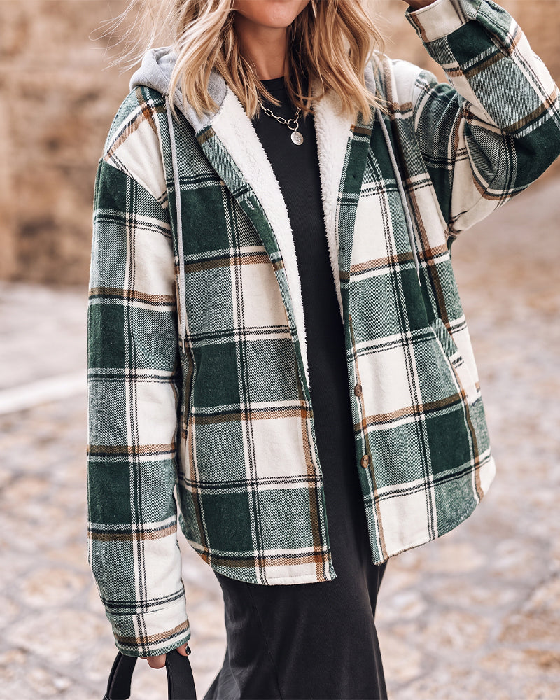 Kariertes Muster, langärmelige Shacket-Knöpfe, Fleece-gefütterte Kapuzenjacken, warmer Mantel