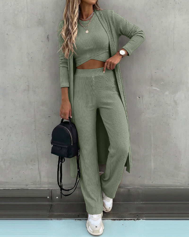 Women's 3 Piece Knit Set Long Cardigan Criss Cross Crop Tank Top and Wide Leg Pants Casual Ribbed Brushed Lounge Set