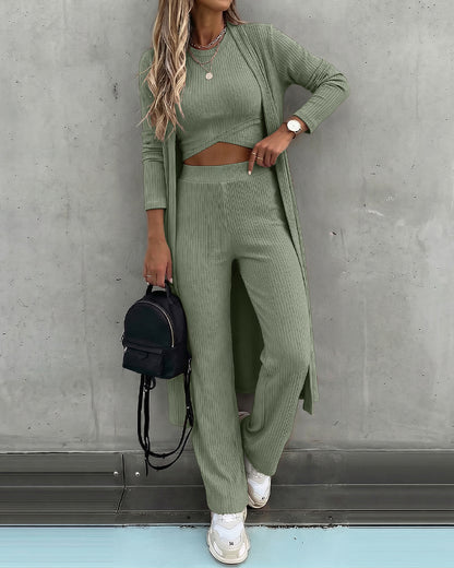 Women's 3 Piece Knit Set Long Cardigan Criss Cross Crop Tank Top and Wide Leg Pants Casual Ribbed Brushed Lounge Set