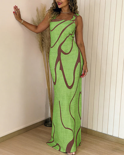 Abstract Print Square Neck Thick Strap Maxi Dress Elegant Side Slit Vacation Dress
