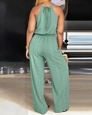 CHICME Women's Halter Tie Knit Jacquard Jumpsuit Hollow-Out Criss-Cross Front Shirred Wide-Leg Overalls